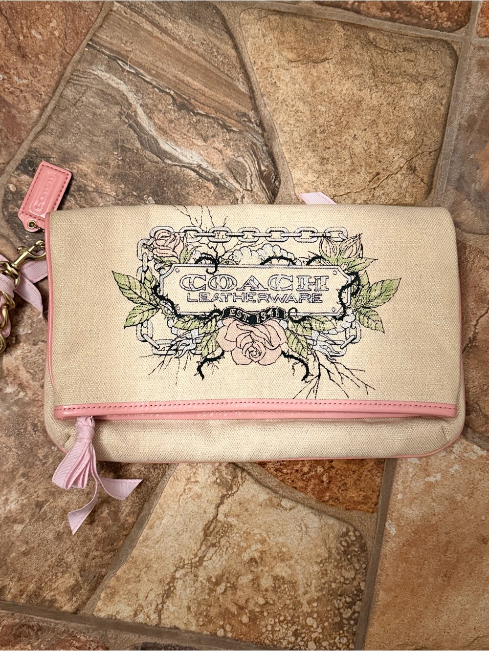 Coach Y2K 2009 Limited Edition Tattoo Floral Canvas Fold-over LG Clutch Chain